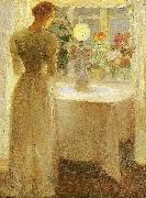 Anna Ancher ung pige foran en tandt lampe oil painting on canvas